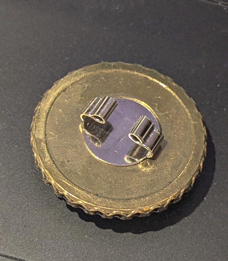 May include: A close-up shot of two small, silver-colored metal tubes, possibly jewelry components, resting on a gold-colored coin. The coin has a purple center and a textured edge, with a dark background.