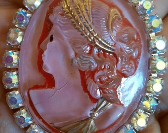 Pink and Ivory Cameo of woman resin shank button.