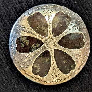 Antique Scottish Dragons Blood Agate Button, Sterling Silver Hearts (4.2cm)