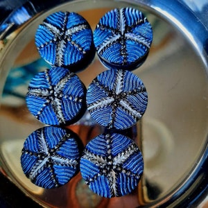 6 antique glass buttons Blue and Silver fern design.  22mm diameter.