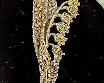 Lilly of the Valley Stem Brooch with Marcasite. 7.3cm long by 2.5cm @widest. 1930s-1950s.