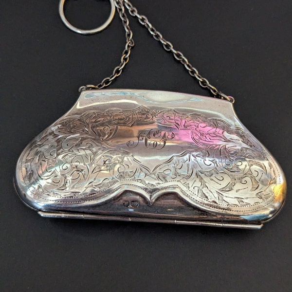 Antique 1917 Chester Stunning Silver Chatelaine purse 3 inches by 2.5 inches diameter.