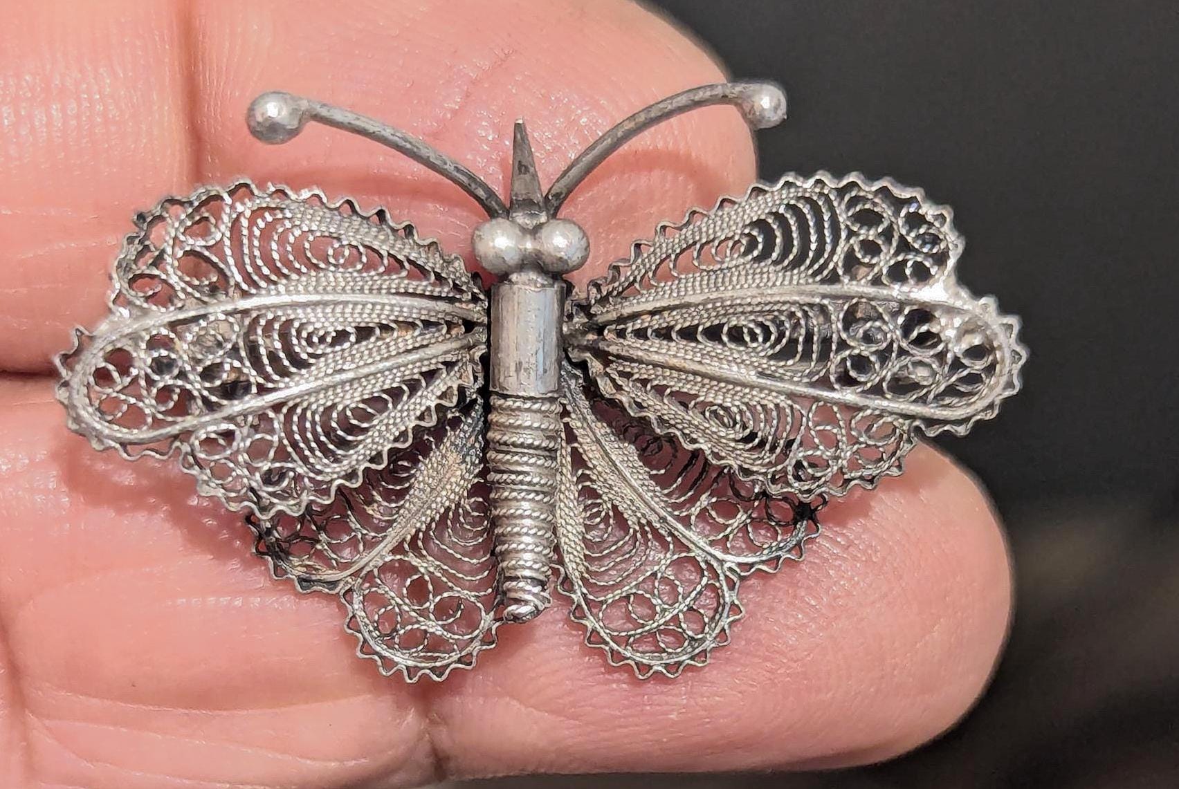 Broche Vintage En Argent Filigrane Papillon Avec Strass Blancs Et Jaunes
