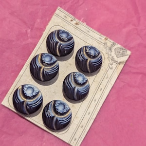 6  glass buttons blue and gold enamel , french vintage 1920s.. 1.2cm diameter.