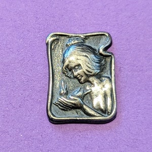 C 1902 art nouveau button of girl with bird in hand. 2.7cm long by 1.2cm wide. William Huttan . image 7