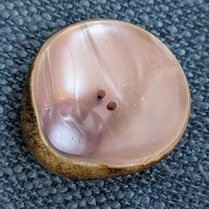 May include: A close-up of a large, round button with a pearlescent pink center and a brown, textured edge. The button has three small holes for sewing. The button is set against a textured, blue-gray fabric.