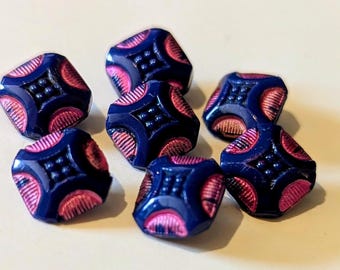Azure Blue Antique Glass Buttons, Pink Enamel Accents, Set of 7