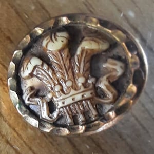 Puede incluir: Un botón de metal dorado con un diseño de esmalte blanco de una corona y tres plumas. El botón es de forma ovalada y tiene un borde texturizado.