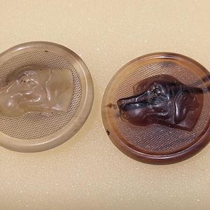 Op de afbeelding: Twee ronde vintage knopen met hondenkoppen. Eén knoop is lichtbruin, de andere donkerbruin. Beide knopen hebben een gaasachtige achtergrond en een verhoogd hondenkoppenontwerp.