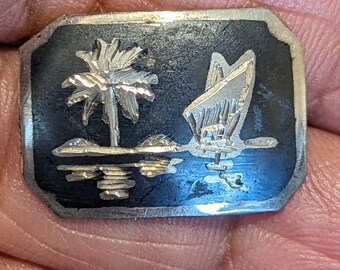 Button Neillo work on Silver boat and tree scene. 2cm .