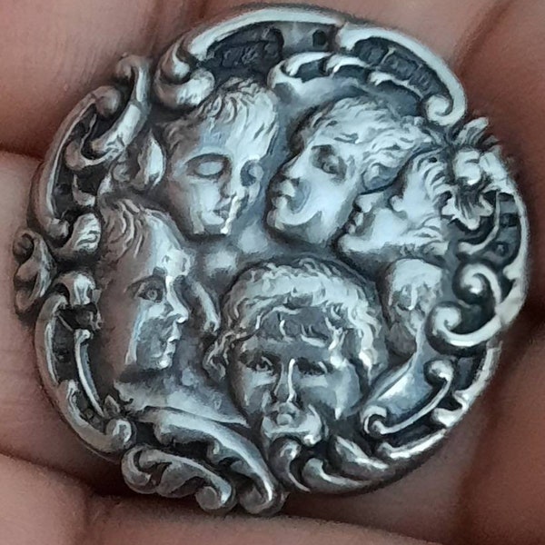 Button 5 russian angels antique silver levi and Salamon. Large 2.7cm. Hallmarked.