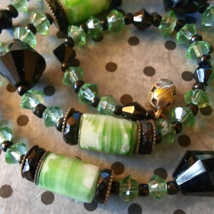 Art Deco 1920s Czech green and black Bead necklace .