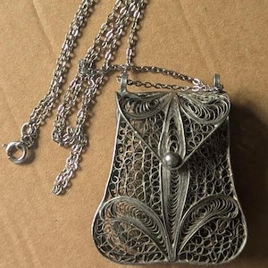 Silver Filigree Purse Pendant. Deep Interior. Long 30 cm drop chain. Vintage Miniature Jewellery.