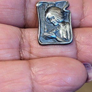 C 1902 art nouveau button of girl with bird in hand. 2.7cm long by 1.2cm wide. William Huttan . image 4