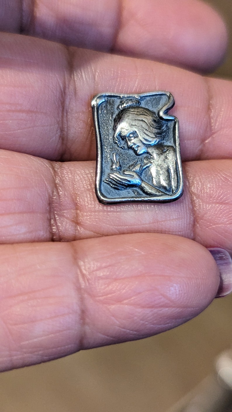 C 1902 art nouveau button of girl with bird in hand. 2.7cm long by 1.2cm wide. William Huttan . image 4