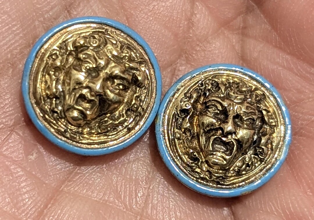 Pair of Gilt Theatrical Mask Buttons • Blue Enamel Rim • Greek Tragedy ...