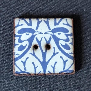 Vintage Ceramic button, handmade blue bird design. 1.9cm sqaure.