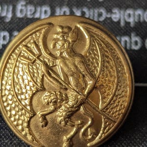 May include: A gold-colored button with a detailed relief of a winged demon holding a trident. The button has a textured surface and a circular shape, suitable for clothing or craft projects.