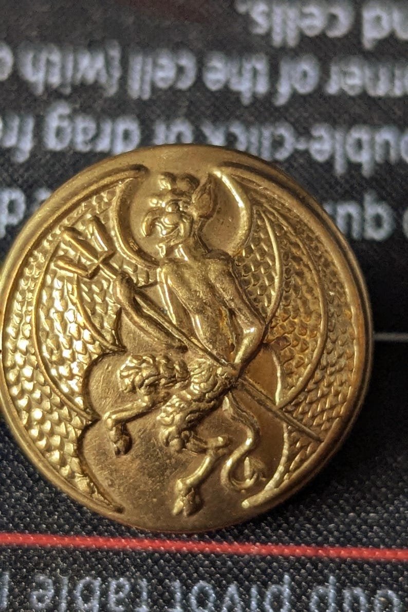 May include: A gold-colored button with a detailed relief of a winged demon holding a trident. The button has a textured surface and a circular shape, suitable for clothing or craft projects.