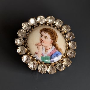 Button Antique porcelain handpainted fine portrait button with quality paste stones. 1 inch diameter .