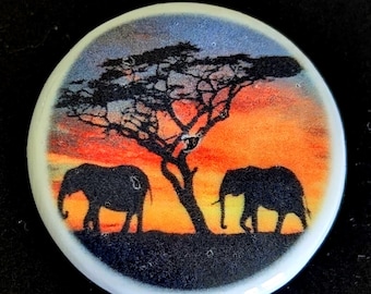Button of African Elephant and sunset. Ceramic 1 inch diameter.