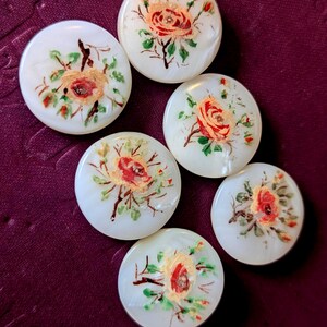 Set of Large hand-painted rose motif Mother of Pearl Buttons. 2.4cm diameter. 1930-1950.