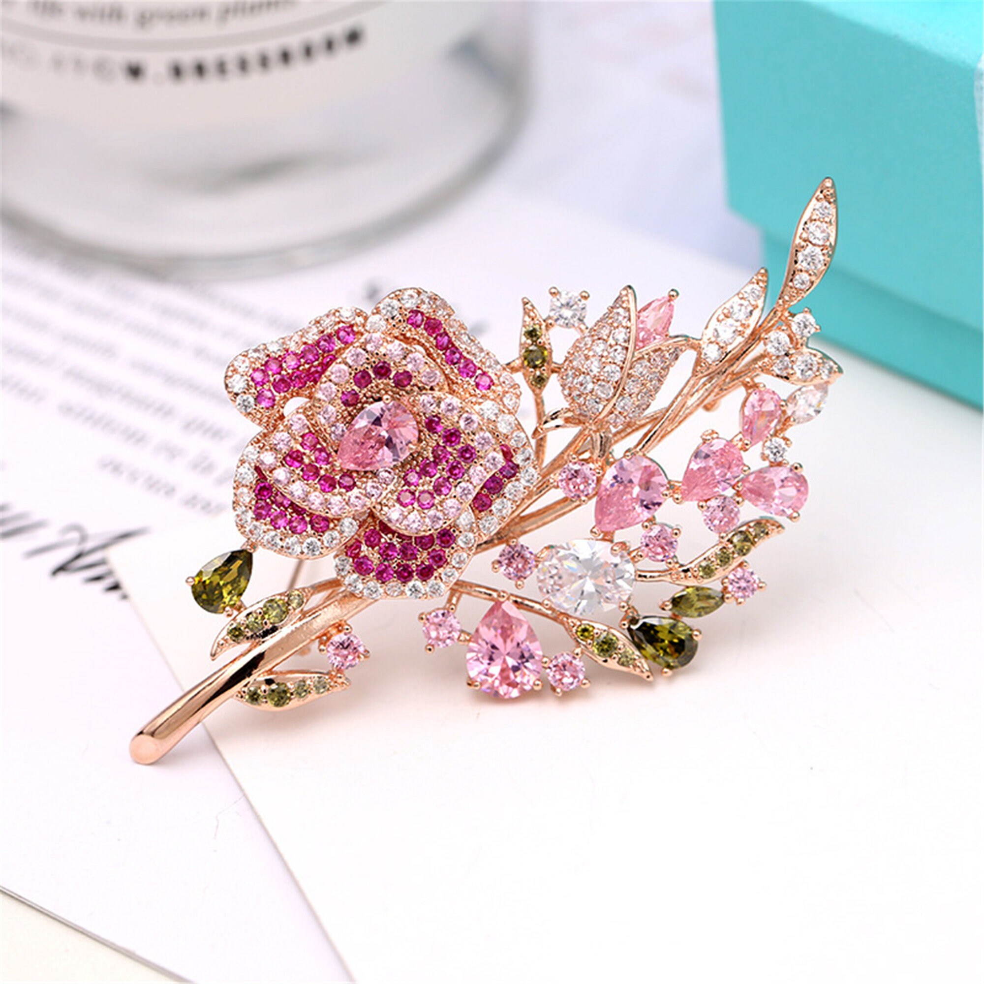 Pink Crystal Flower Brooch Vintage Rose Brooch Gold Alloy Etsy