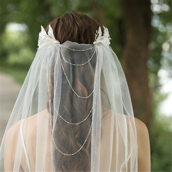 White Bridal Veils Sequined Beaded Soft Tulle Short Wedding Veils 