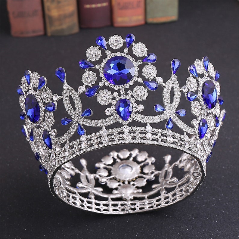 Royal Blue Crystal CrownSilver Weeding CrownBlue Crystal Bridal CrownRhinestone Photo Shoot CrownBeautiful Birthday Party Crown