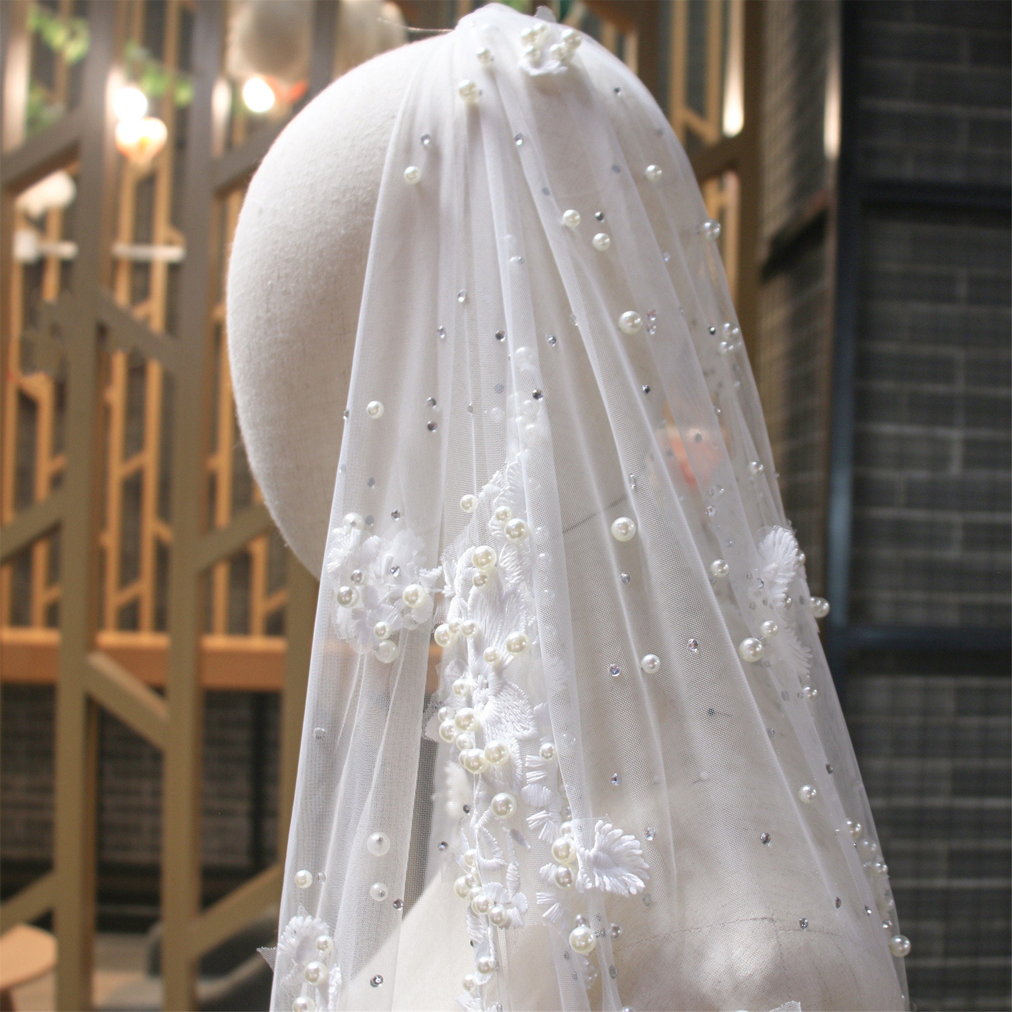 V09 3M Long Cathedral Wedding Veils Beaded Bridal Church Veils Splendour  Pearls Nail Pretty Wedding Accessories 1 Tier Soft VEU - AliExpress
