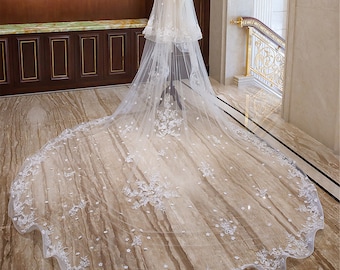3D Flowers Wedding Veil with Pearls Bridal Veils Cathedral Wedding 5M Veil