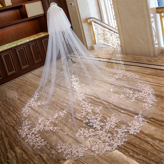 Flowers Adorned Long Bridal Veil Cathedral Length Wedding Veil