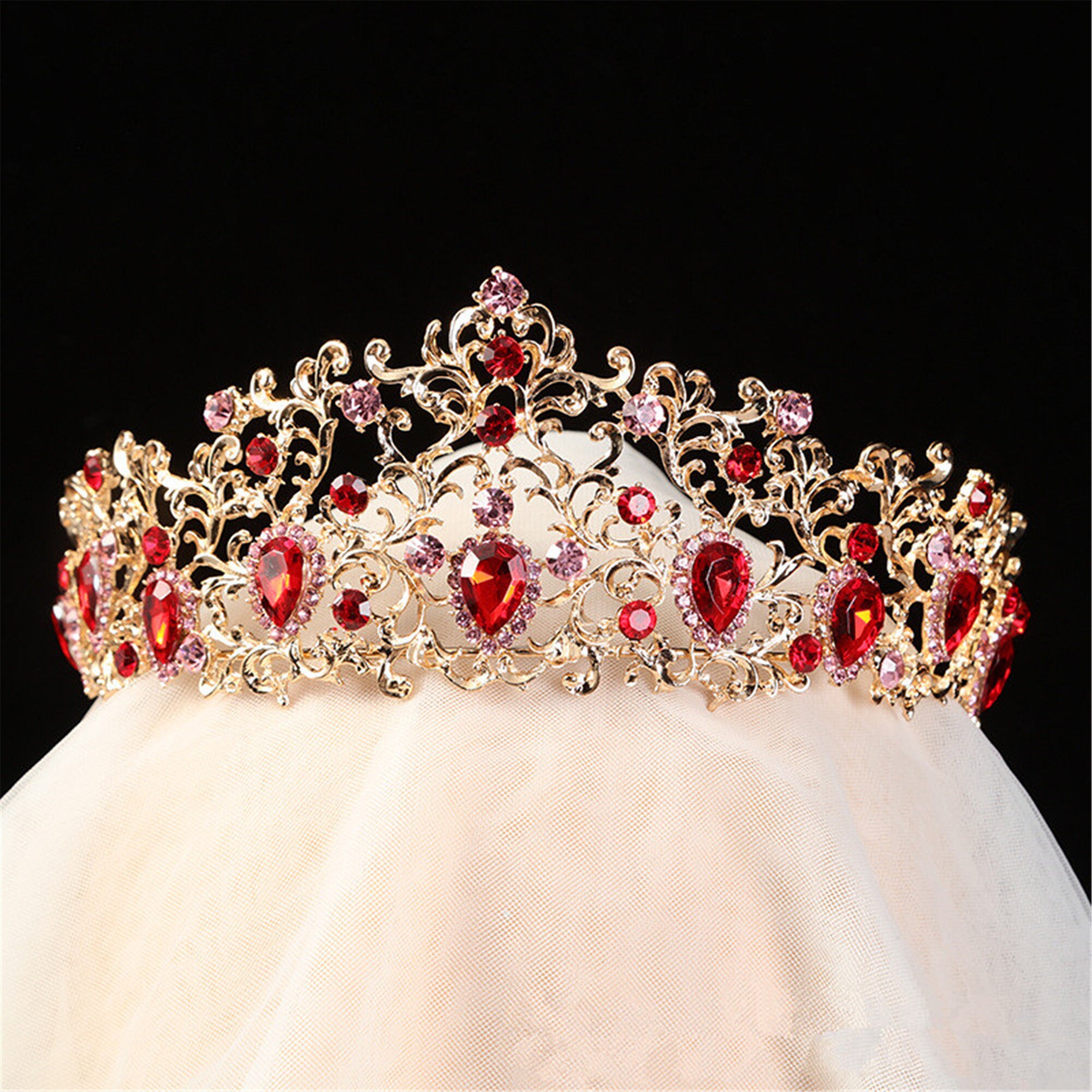 Classic Red Rhinestone Wedding Crown Ruby Bridal Crown Golden | Etsy