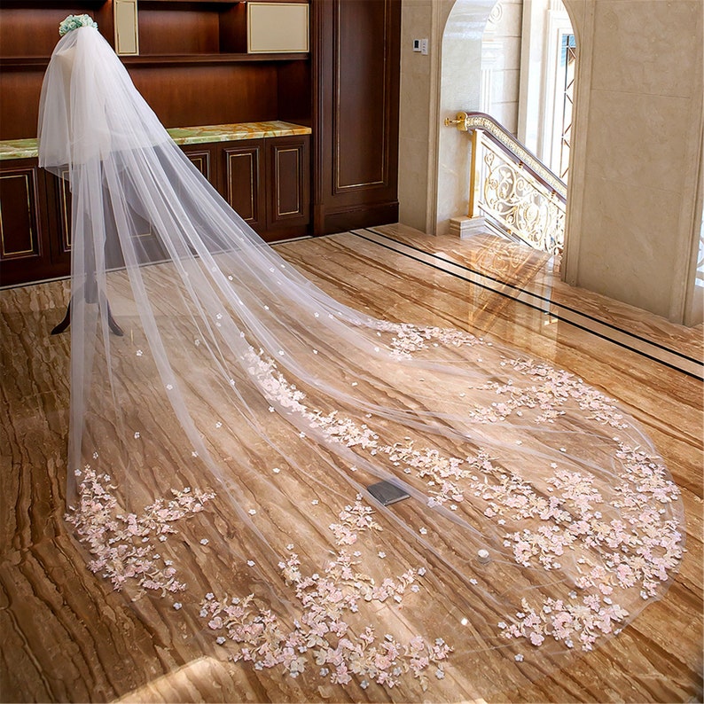 custom veil 118inch add crystal on white flower