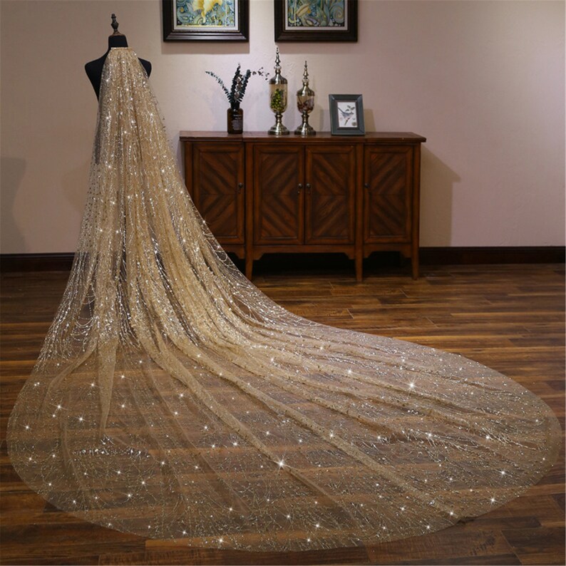 Luxury Golden Bridal Veil Sparkling Wedding Veil Long Wedding Etsy