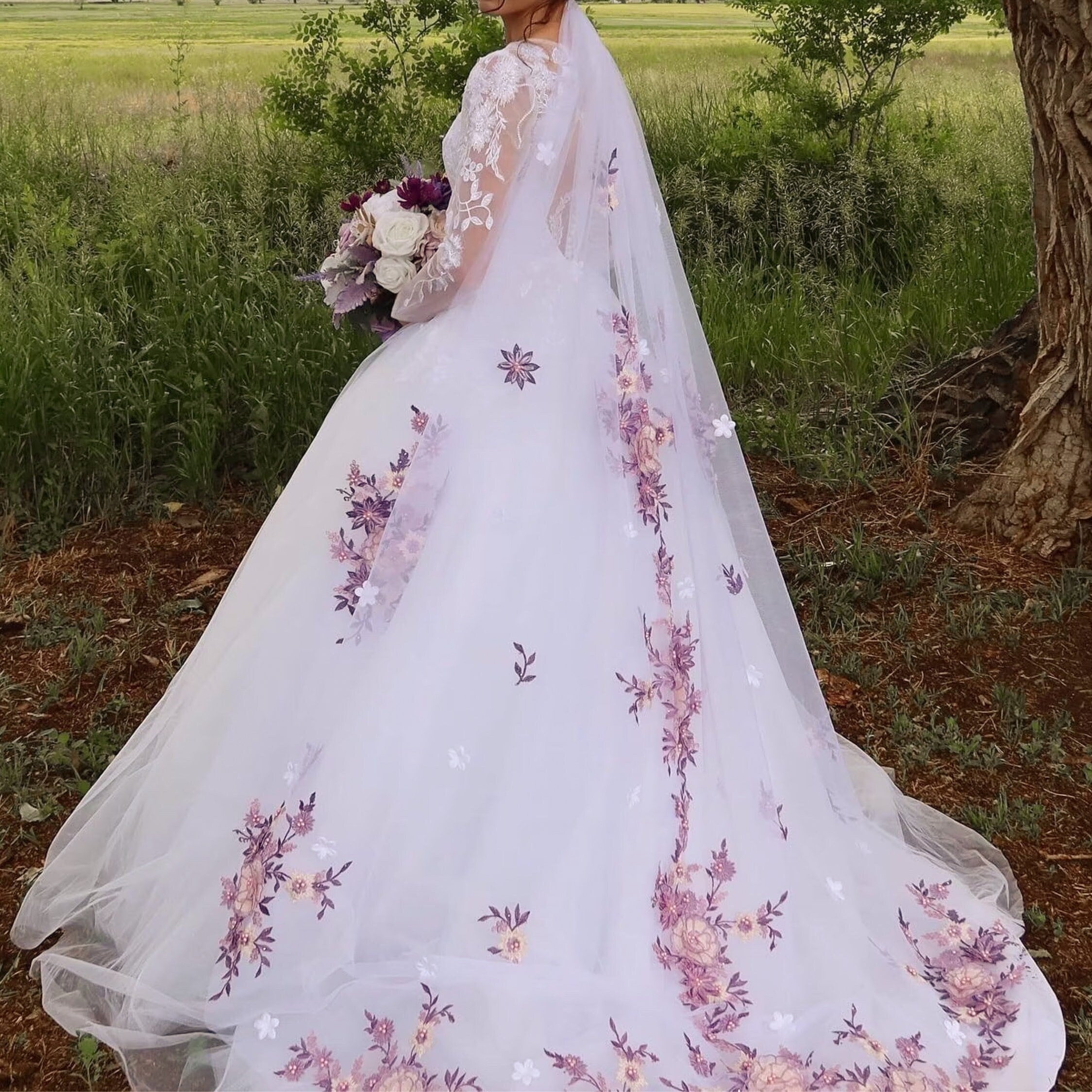 One Blushing Bride Floral Cathedral Wedding Veil with Flower Blooms in Chiffon Silk Light Ivory / 90 Inches