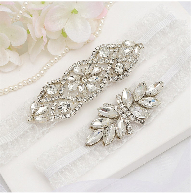 Crystal Wedding Garter Wedding Garter Set White Lace Bridal Etsy