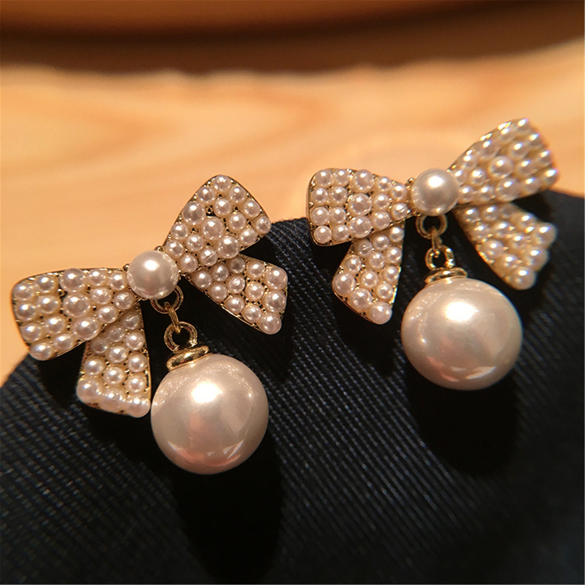 Bowknot Bridal Earrings Imitation Pearl Wedding Earrings 925 | Etsy