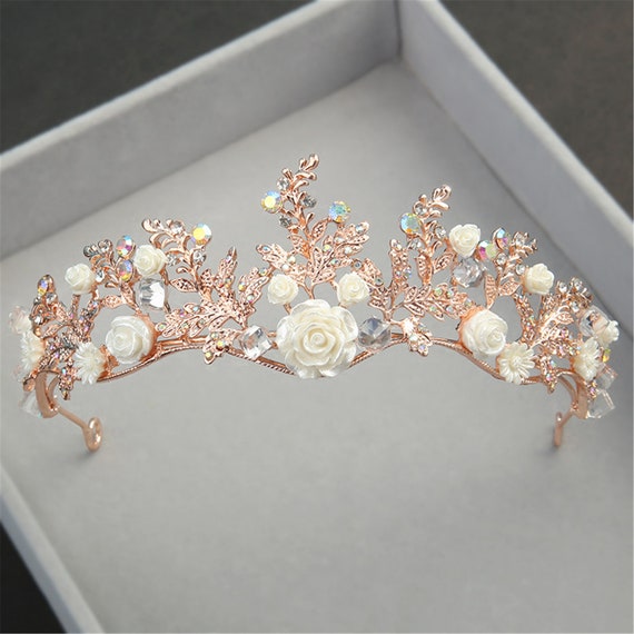 Floral Wedding Crown Rose Gold Bridal Crown Floral Headband Etsy