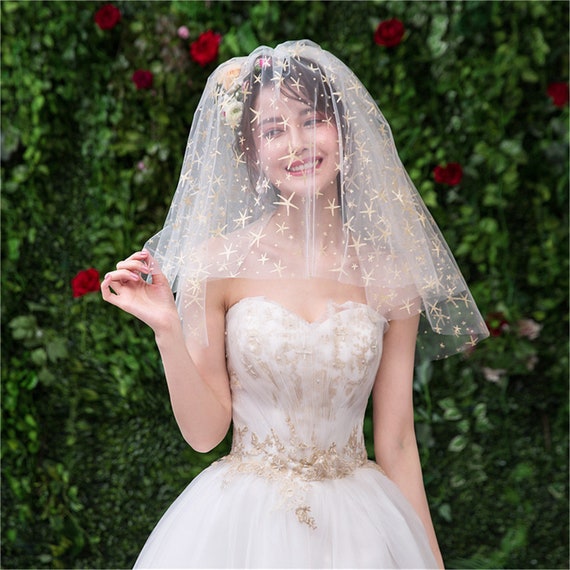 Bridal Short Wedding Veil Multi-layer Wedding Veil Golden Starfish