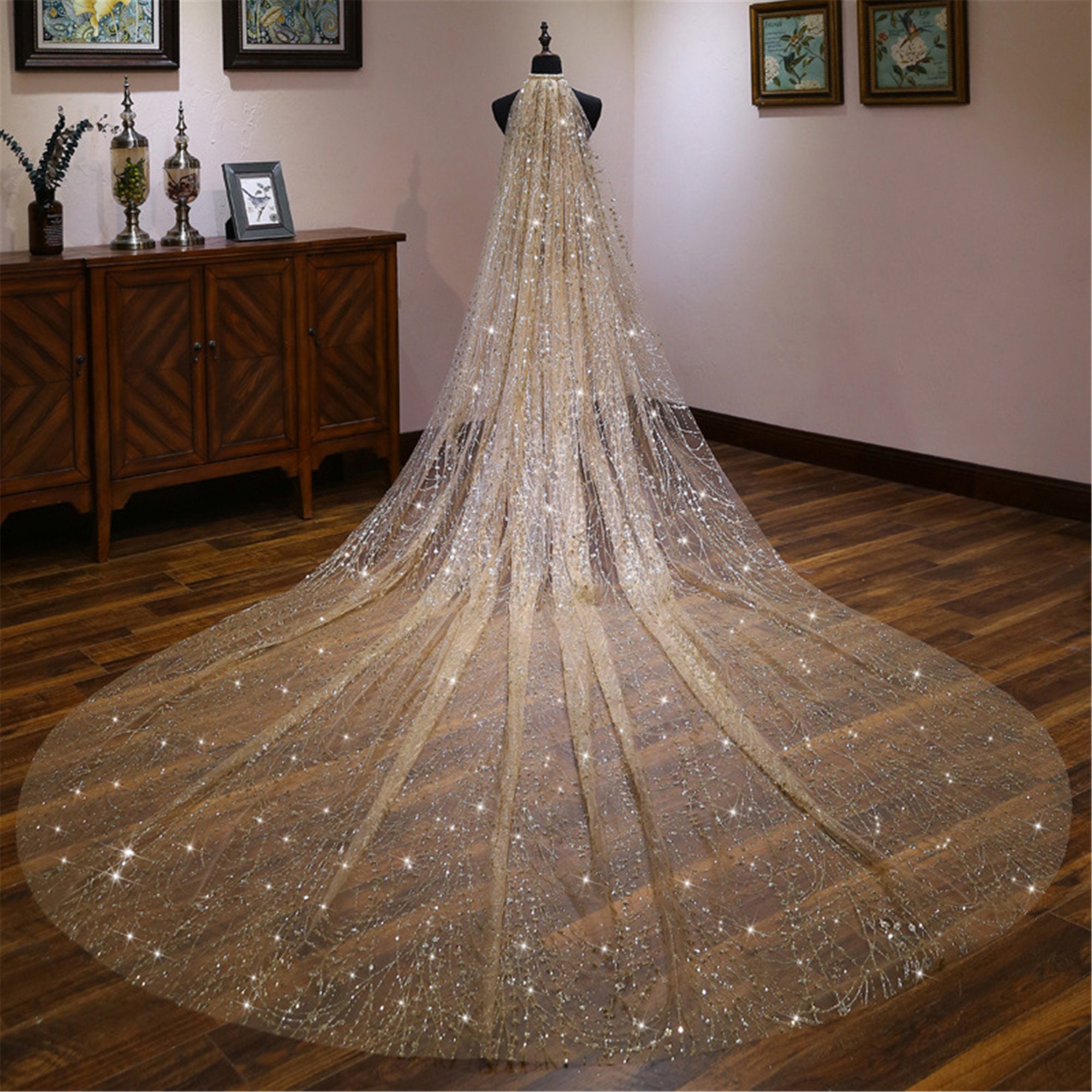Luxury Golden Bridal Veil Sparkling Wedding Veil Long Wedding Veil