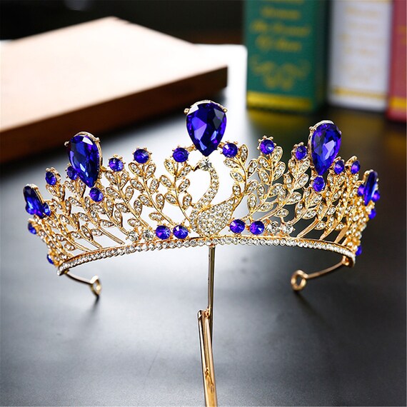 Classic Royal Blue Rhinestone Wedding Crown Gold Bridal Crown | Etsy