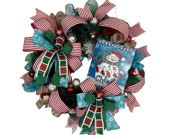 Whimsical Snowman Christmas wreath for front door, Winter Snowman and snowflake front door and porch decor, Snowman collectors