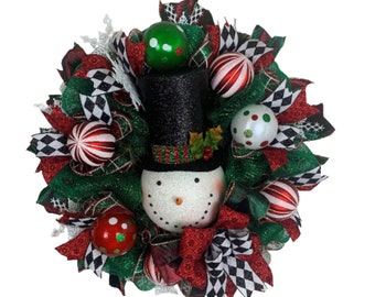 Whimsical Snowman Wreath for front door, Christmas porch decor ,  Outdoor Christmas Wreath, Winter porch decor, Snowman decor