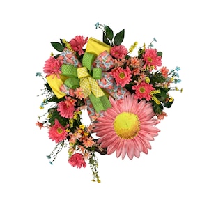Pink daisy wreath for front door, Summer floral door decor , Daisy Porch decor, Everyday daisy decor, Gift for her
