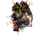 Fall Blue pumpkin and sunflower grapevine wreath door decor, Sunflower and berry door decor, Fall leaves door decor, Fall porch decor