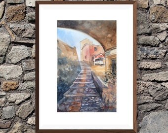 Italian street original watercolor 11'' x 15'' by Sichodis. Italian street with stairway in Nervi, Liguria boat painting, Italy Travel art