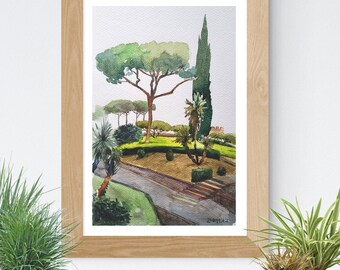 Pine trees ORIGINAL watercolor 8 x 11, Tuscany wall art, minimalist landscape, maritime pine tree painting.