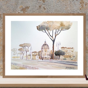 Rome ORIGINAL watercolor painting 11'' x 15''. Rome cityscape, urban sketch Rome, pine trees painting