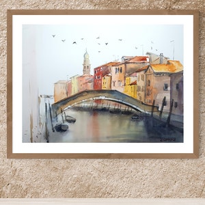 Venice ORIGINAL watercolor painting by Sichodis. 9&#39;&#39; x 12&#39;&#39; Italy travel gift, Venice bridge illustration